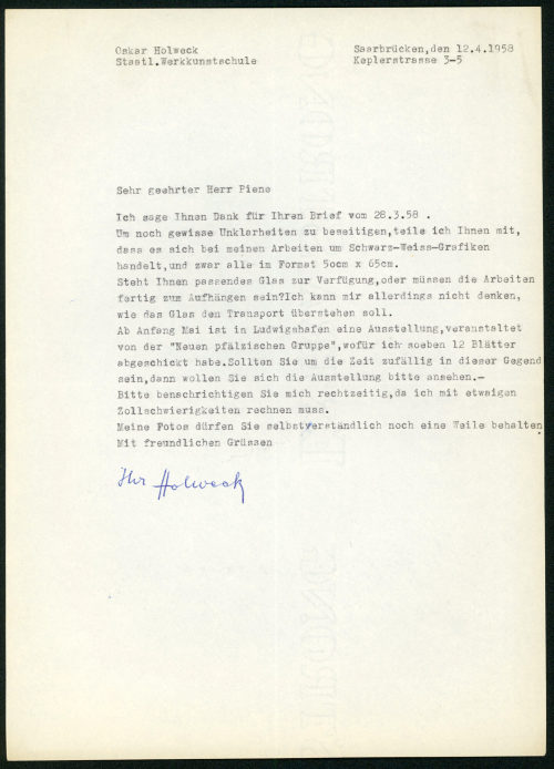 Otto Piene (Empfänger*in), Brief von Oskar Holweck an Otto Piene, 12.04.1958, 12.04.1958