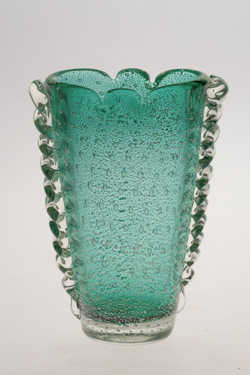 Ercole Barovier (Entwurf), Blaugrüne Vase mit Silberfolie, um 1930–1940