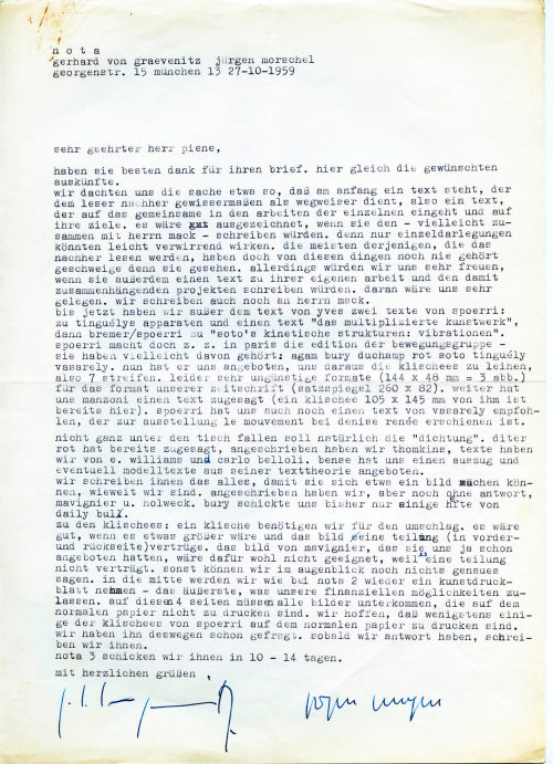 nota (Absender*in), Korrespondenz von nota an Otto Piene, 27.10.1959