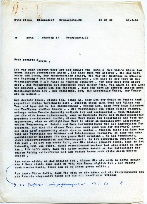 Otto Piene (Absender*in), Korrespondenz von Otto Piene an nota, 18.03.1960