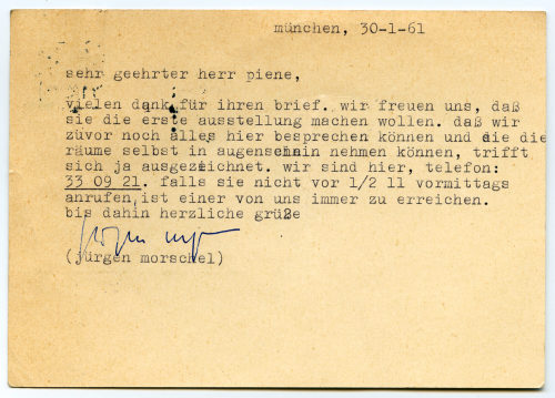 nota (Absender*in), Korrespondenz von nota an Otto Piene, 30.01.1961