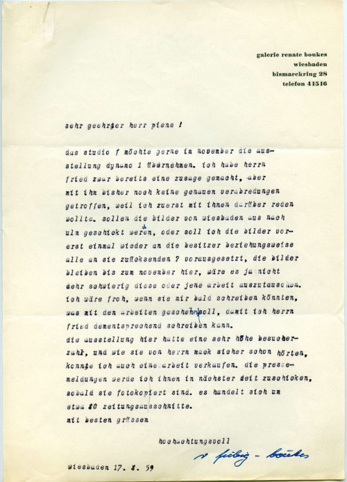 Galerie - Verlag Renate Boukes (Absender*in), Korrespondenz von Galerie Renate Boukes Wiesbaden an Otto Piene, 17.08.1959