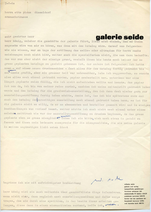 Galerie Seide (Absender*in), Korrespondenz von Galerie Seide an Otto Piene, 07.05.1960