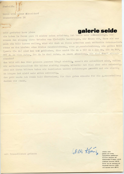 Galerie Seide (Absender*in), Korrespondenz von Galerie Seide an Otto Piene, 28.05.1960