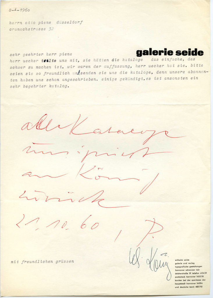 Korrespondenz von Galerie Seide an Otto Piene