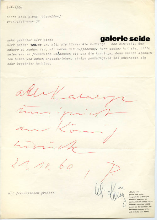 Galerie Seide (Absender*in), Korrespondenz von Galerie Seide an Otto Piene, 08.10.1960