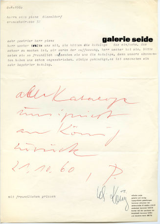 Korrespondenz von Galerie Seide an Otto Piene