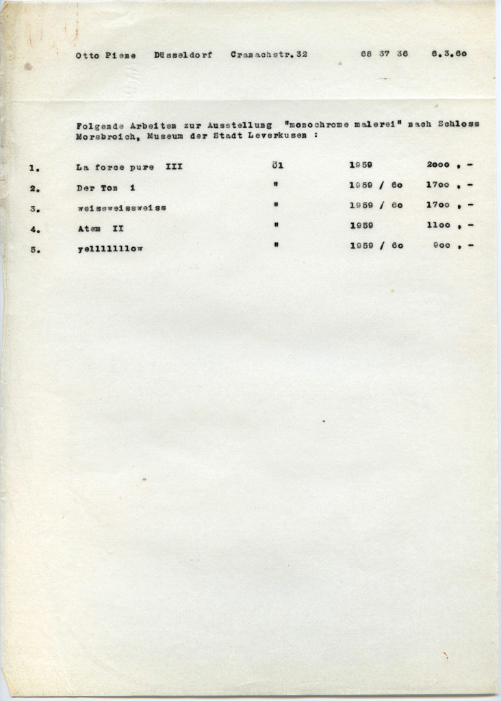 Korrespondenz zwischen Otto Piene und dem Städtischen Mueum Leverkusen Schloss Morsbroich
