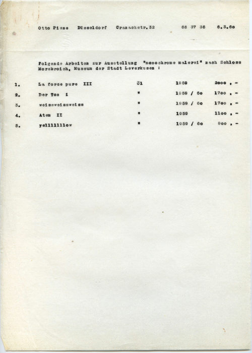 Otto Piene (Absender*in), Korrespondenz zwischen Otto Piene und dem Städtischen Mueum Leverkusen Schloss Morsbroich
, 06.03.1960