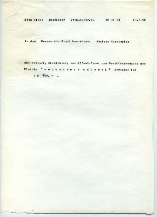 Otto Piene (Absender*in), Korrespondenz von Otto Piene an Städtisches Museum Leverkusen Schloss Morsbroich, 14.04.1960