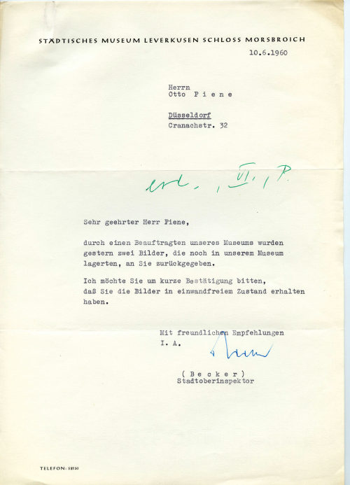 Städtisches Museum Leverkusen Schloss Morsbroich (Absender*in), Korrespondenz von Städtisches Museum Leverkusen Schloss Morsbroich an Otto Piene
, 10.06.1960