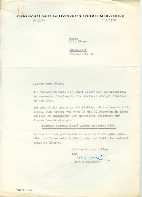 Städtisches Museum Leverkusen Schloss Morsbroich (Absender*in), Korrespondenz von Städtisches Museum Leverkusen Schloss Morsbroich an Otto Piene
, 01.08.1960