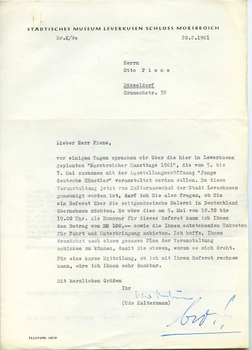 Städtisches Museum Leverkusen Schloss Morsbroich (Absender*in), Korrespondenz zwischen Städtisches Museum Leverkusen Schloss Morsbroich und Otto Piene
, 20.02.1961; 27.02.1961