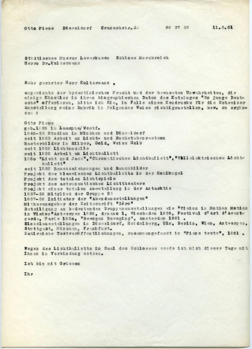 Otto Piene (Absender*in), Korrespondenz von Otto Piene an Städtisches Museum Leverkusen Schloss Morsbroich, 11.05.1961