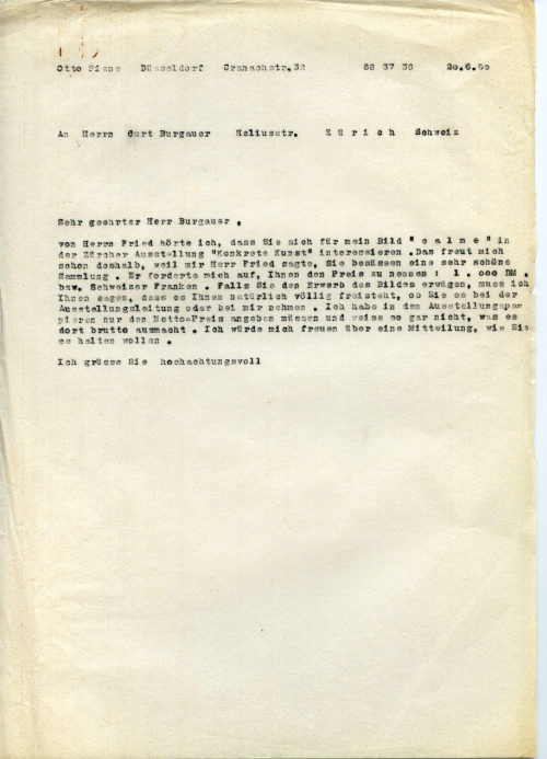 Otto Piene (Absender*in), Korrespondenz von Otto Piene an Curt Burgauer, 20.06.1960