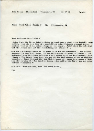Korrespondenz von Otto Piene an Kurt Fried