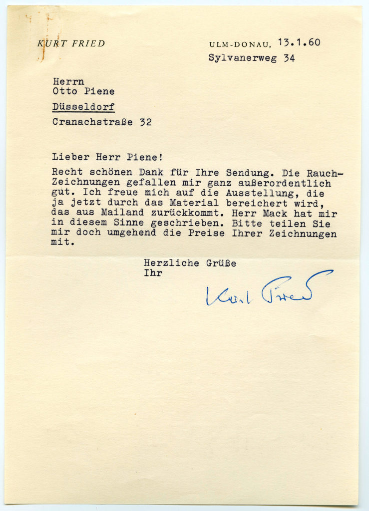 Korrespondenz von Kurt Fried an Otto Piene