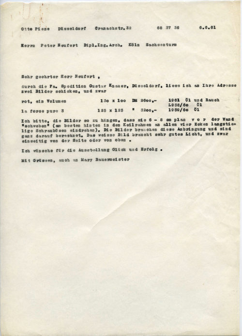 Otto Piene (Absender*in), Korrespondenz von Otto Piene an Peter Neufert, 06.06.1961