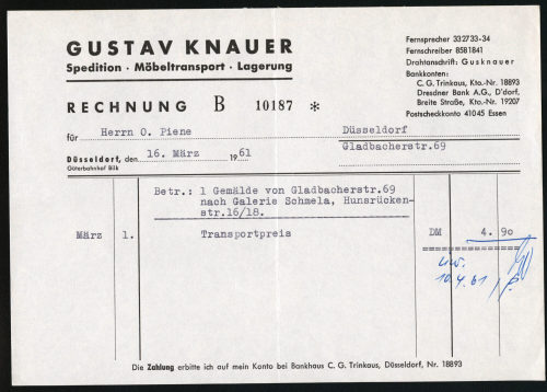 Gustav Knauer Spedition (Absender*in), Korrespondenz von Gustav Knauer an Otto Piene, 16.03.1961