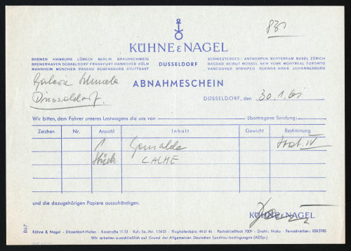 Abnhameschein von Kühne & Nagel, Düsseldorf, 30.01.1961