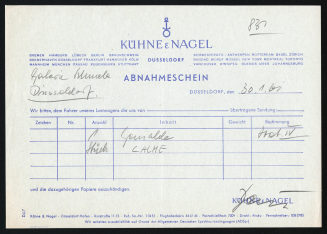 Abnhameschein von Kühne & Nagel, Düsseldorf