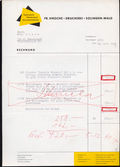 Fr. Knoche Druckerei (Absender*in), Korrespondenz von der Fr. Knoche an Otto Piene, 29.11.1960