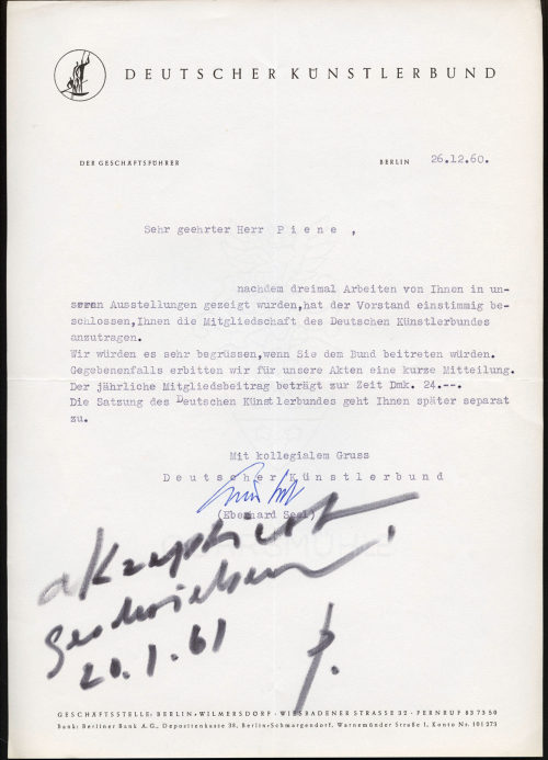 Deutscher Künstlerbund (Absender*in), Korrespondenz von Deutschem Künstlerbund an Otto Piene, 26.12.1960