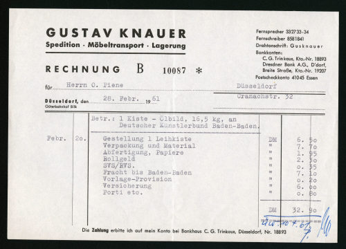 Gustav Knauer Spedition (Absender*in), Korrespondenz von Gustav Knauer an Otto Piene, 28.02.1961