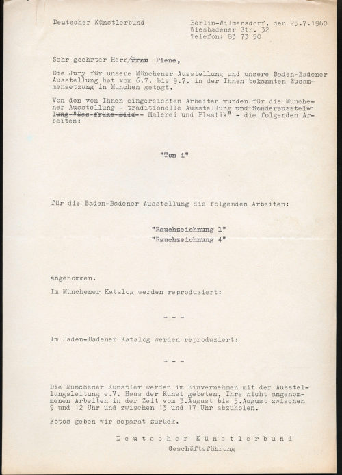 Deutscher Künstlerbund (Absender*in), Korrespondenz vom Deutschen Künstlerbund an Otto Piene, 25.07.1960