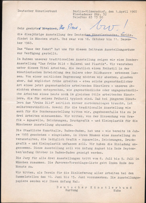 Deutscher Künstlerbund (Absender*in), Korrespondenz vom Deutschen Künstlerbund an Otto Piene, 01.04.1960