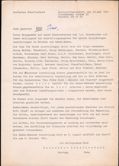 Deutscher Künstlerbund (Absender*in), Korrespondenz vom Deutschen Künstlerbund an Otto Piene, 20.05.1960