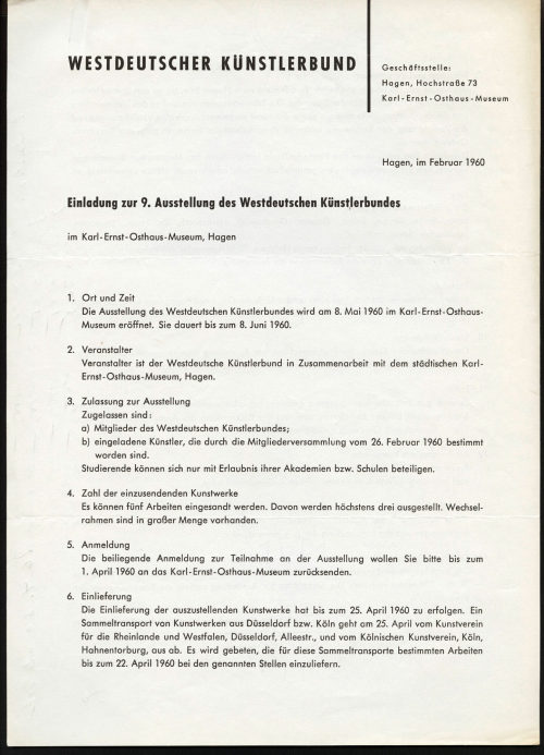 Westdeutscher Künstlerbund (Absender*in), Einladung zur. 9. Ausstellung des Westedeutschen Künsterbundes, ??.02.1960