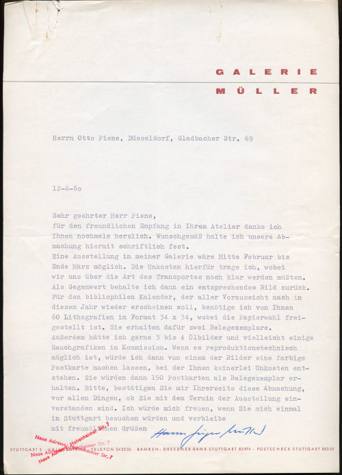 Galerie Müller (Absender*in), Korrespondenz von Galerie Müller an Otto Piene, 12.06.1960