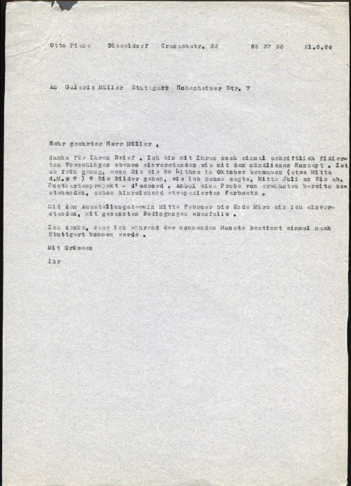 Otto Piene (Absender*in), Korrespondenz von Otto Piene an Galerie Müller, 21.06.1960