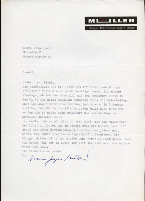 Galerie Müller (Absender*in), Korrespondenz von Galerie Müller an Otto Piene, 06.04.1961