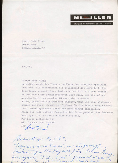 Galerie Müller (Absender*in), Korrespondenz von Galerie Müller an Otto Piene, 10.03.1961