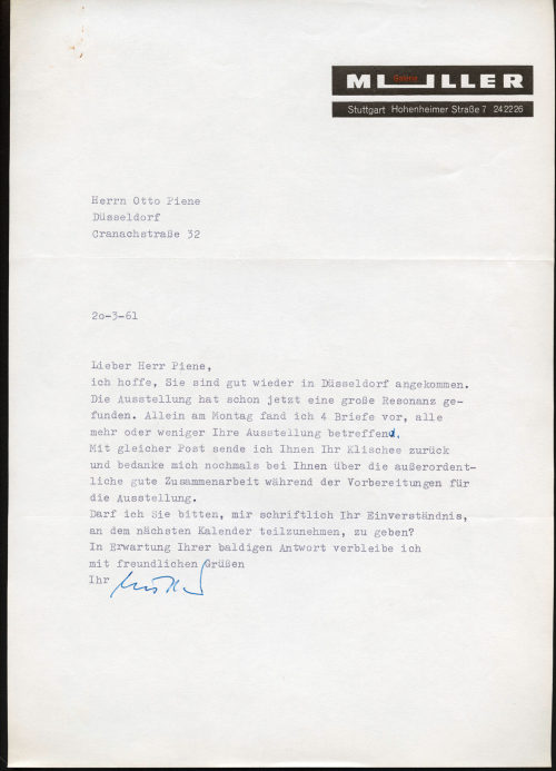 Galerie Müller (Absender*in), Korrespondenz von Galerie Müller an Otto Piene, 20.03.1961