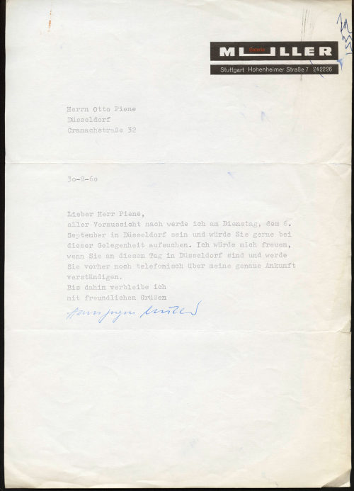Galerie Müller (Absender*in), Korrespondenz von Galerie Müller an Otto Piene, 30.08.1960