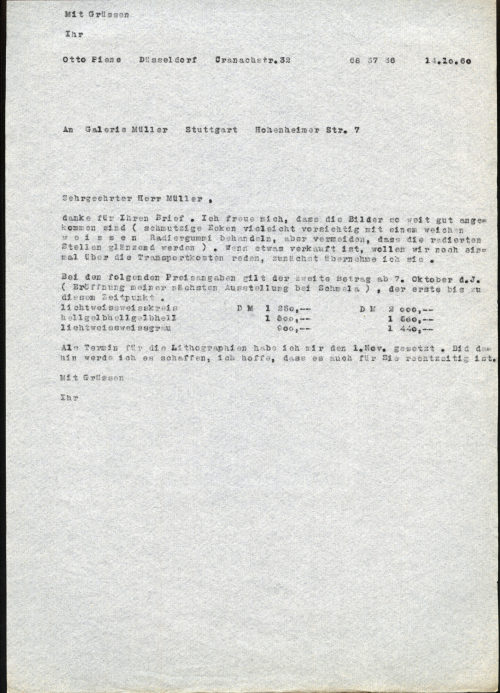 Otto Piene (Absender*in), Korrespondenz von Otto Piene an Galerie Müller, 14.10.1960