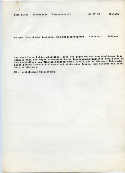 Otto Piene (Absender*in), Korrespondenz von Otto Piene an das Städtische Verkehrs- und Kulturpflegeamt Soest, 21.03.1961