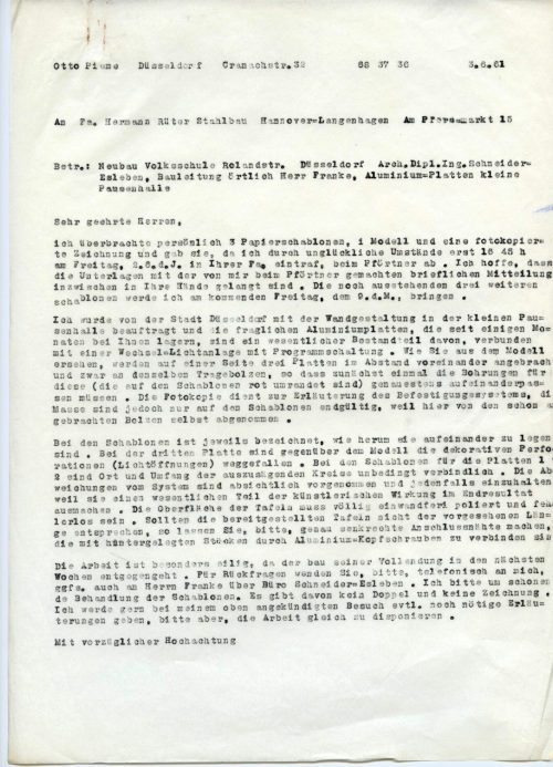 Otto Piene (Absender*in), Korrespondenz von Otto Piene an Fa. Hermman Rüter Stahlbau, Langenhagen / Hannover, 03.06.1961