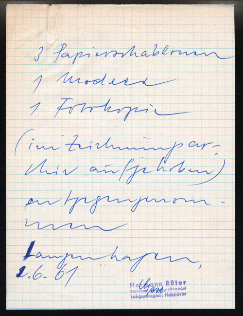 Eingangsbestätigung Fa. Hermann Rüter Stahlbau, Langenhagen / Hannover, 02.06.1961