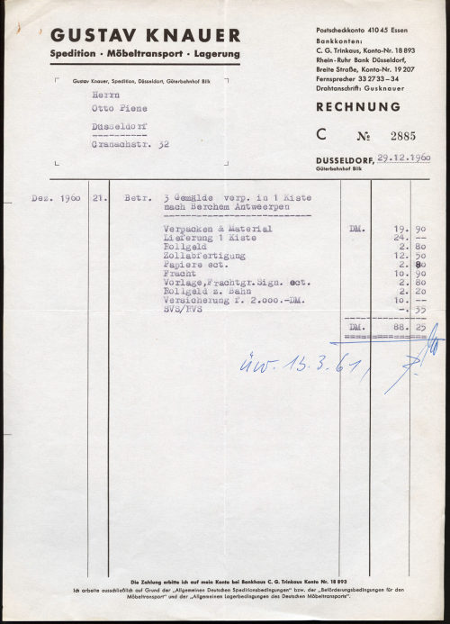 Gustav Knauer Spedition (Absender*in), Korrespondenz von Gustav Knauer Spedition an Otto Piene, 29.12.1960