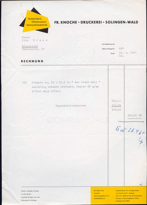 Fr. Knoche Druckerei (Absender*in), Korrespondenz von der Fr. Knoche Druckerei an Otto Piene, 22.03.1961