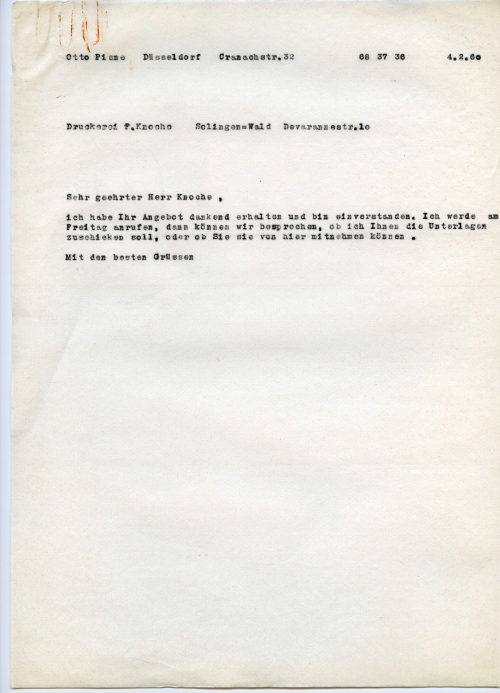 Otto Piene (Absender*in), Korrespondenz von Otto Piene an Fr. Knoche Druckerei, 04.02.1960