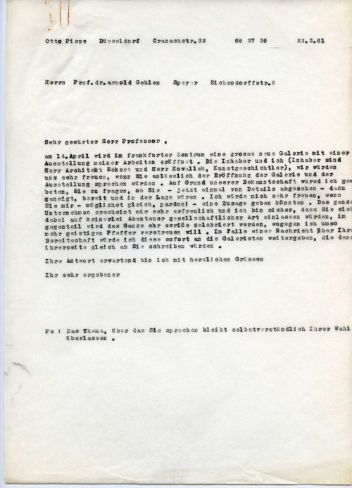 Otto Piene (Absender*in), Korrespondenz von Otto Piene an Arnold Gehlen, 22.03.1961