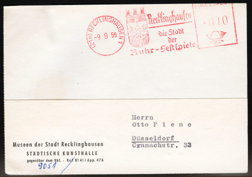 Städtische Kunsthalle Recklinghausen (Absender*in), Korrespondenz von der Städtischen Kunsthalle Recklinghausen an Otto Piene, 07.09.1959