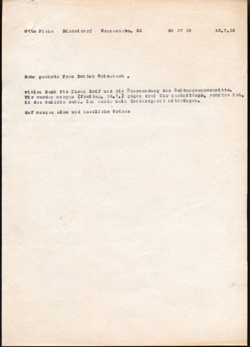 Otto Piene (Absender*in), Korrespondenz von Otto Piene an Dr. [Hanna] Grisebach, 23.07.1959