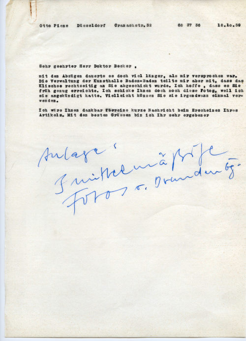 Otto Piene (Absender*in), Korrespondenz von Otto Piene an Dr. [Andreas] Becker, 18.10.1959