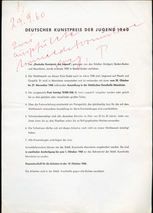 Staatliche Kunsthalle Baden-Baden (Absender*in), Korrespondenz von Staatlicher Kunsthalle Baden-Baden an [Otto Piene], 29.09.1960